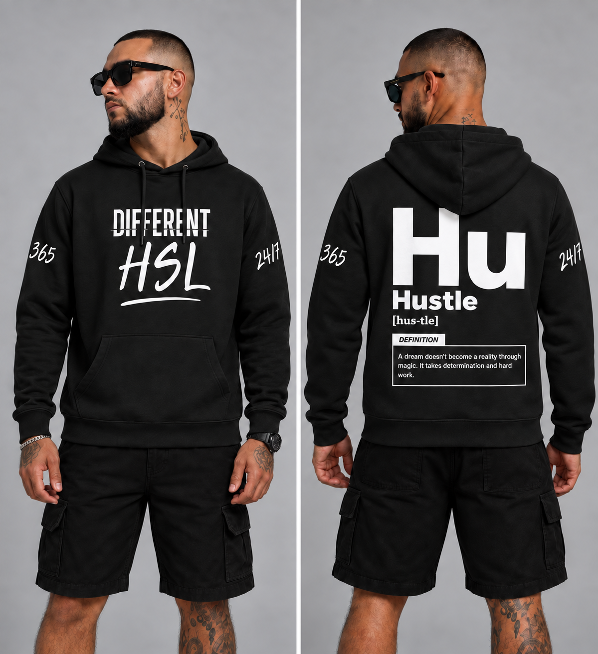 Different HSL Hustle худи — гръб с 24/7/365 дизайн